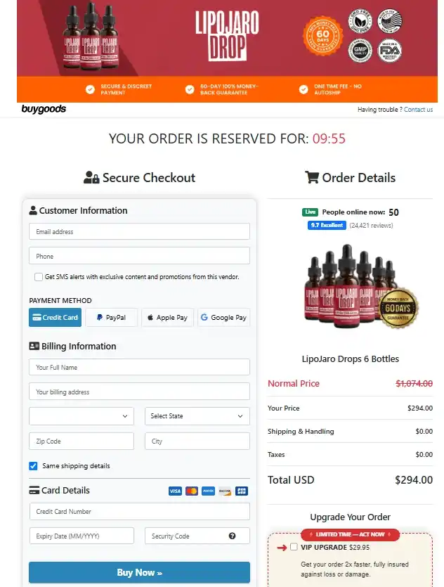 LipoJaro Drop Order Page